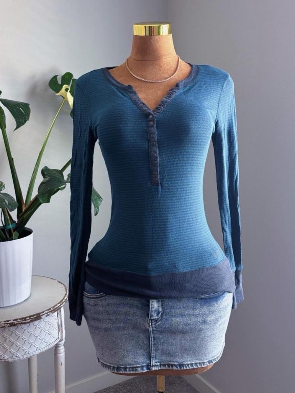 Y2K Roxy Blue Striped  Henley Long Sleeve Top Size L